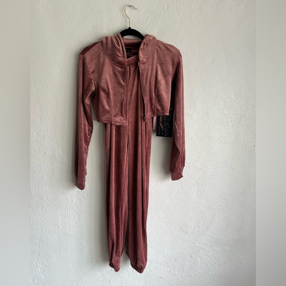 Vivre La Vie Velvet Y2K Jogger and Crop Hooded Sweatshirt Set, Size Small
